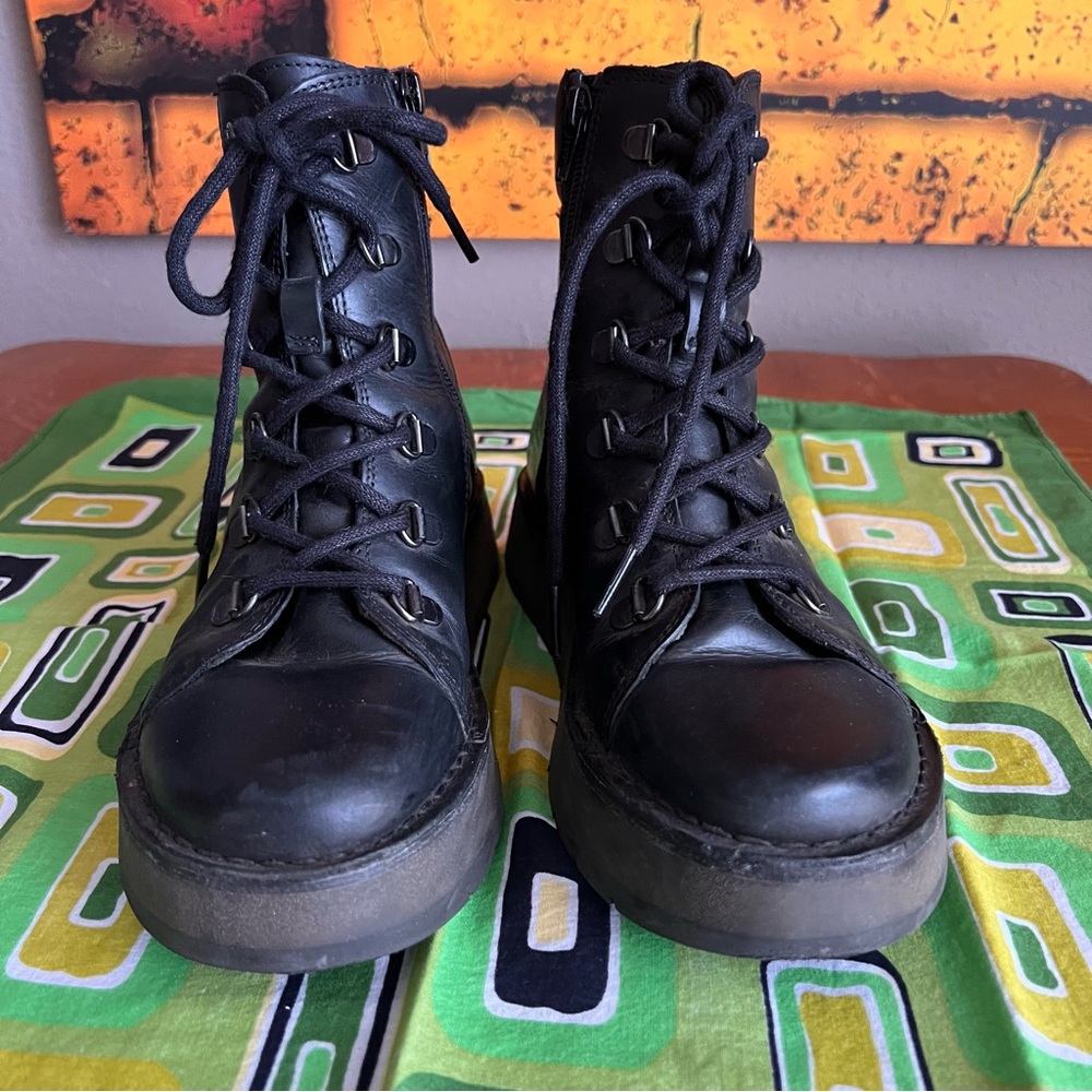 Fly London Black Leather Combat Boots and Thick Rubber Sole